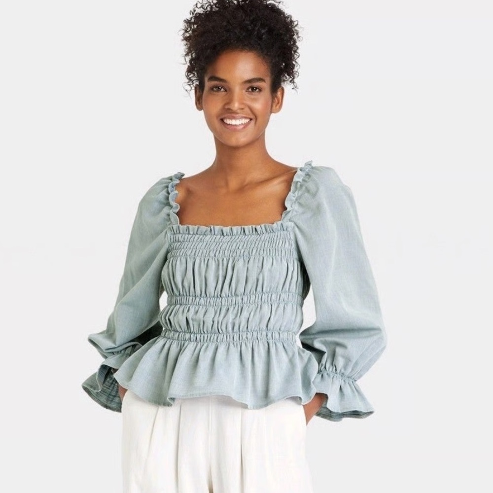 Who What Wear Ruffled Square Neck Top - Light Blue Size L 100% Cotton